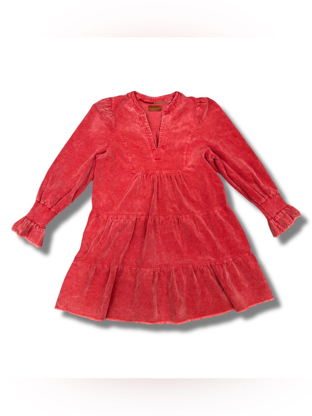Umgee NWT Medium Red Stone Washed Corduroy V-Neck Tiered Dress Smocked Sleeves